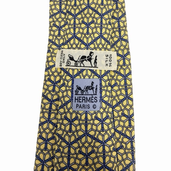 Hermes Men's Tie Honeycomb Bridle Clover Chain Yellow & Blue 7078 OA 3.25